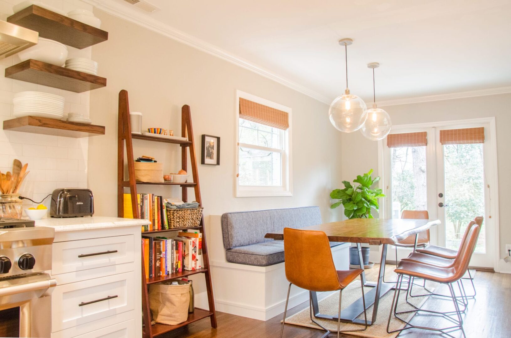 A living area with wooden shelf