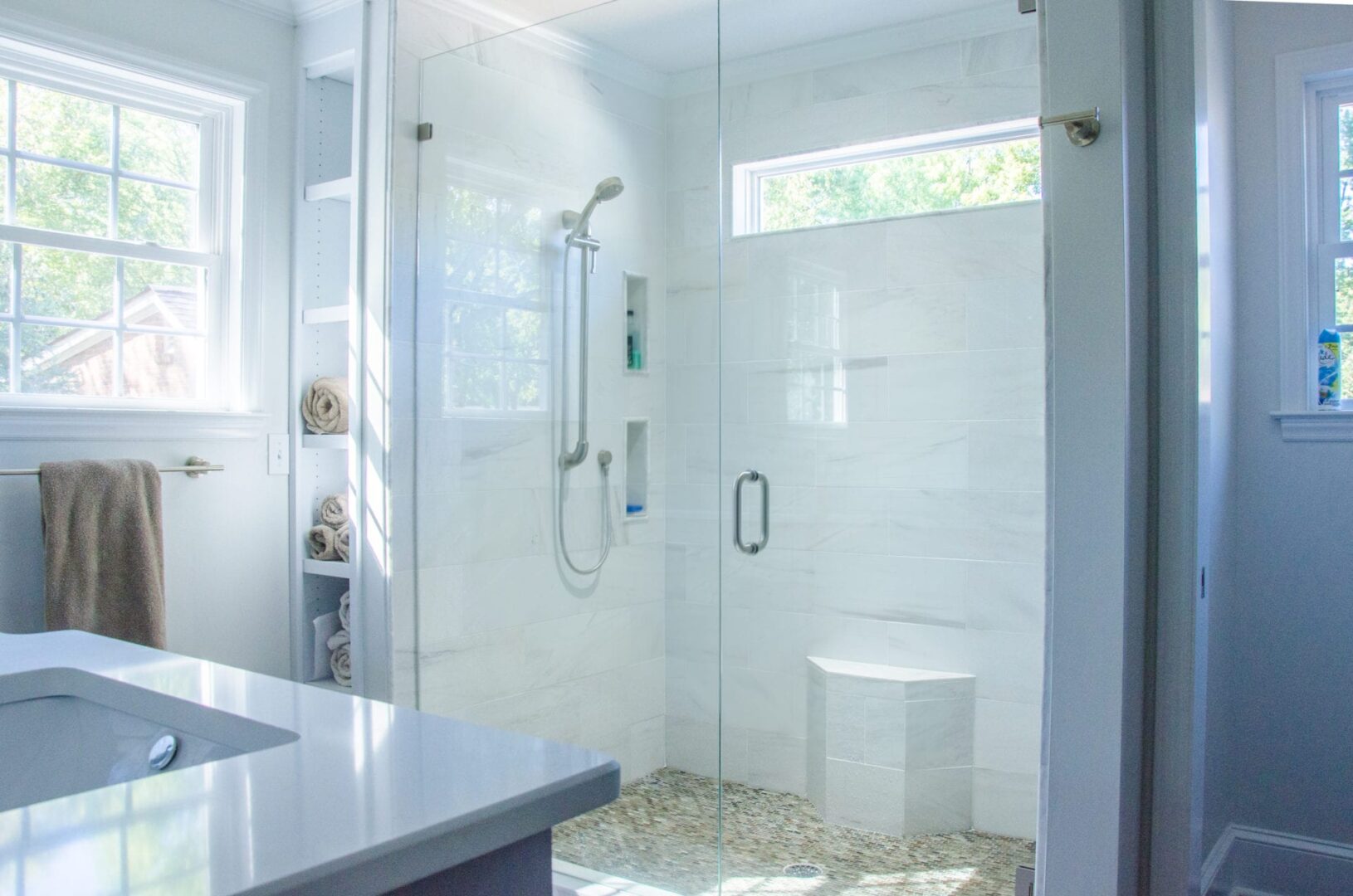 A bathroom area with blue walls